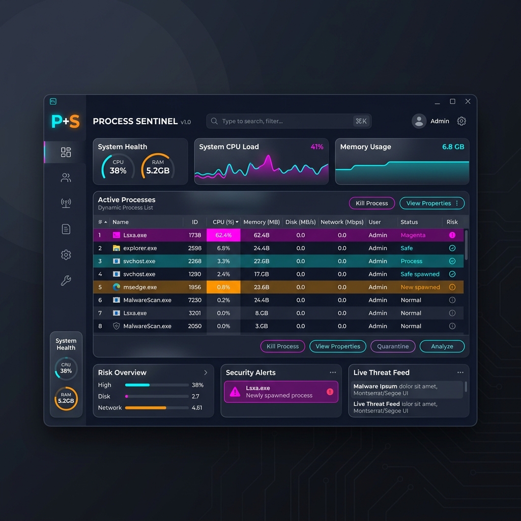 Process Sentinel Dashboard showing live process monitoring with risk overview, security alerts, and threat feed panels